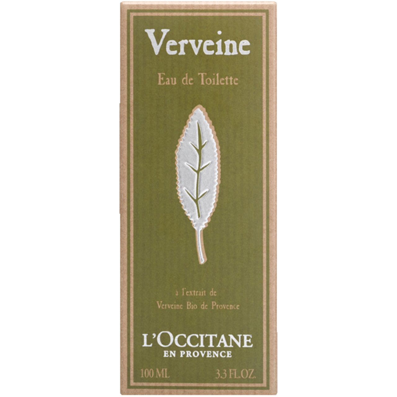 Confezione con sfondo verde e motivo a foglia. Scritta 'Verveine Eau de Toilette' e 'L'Occitane'.