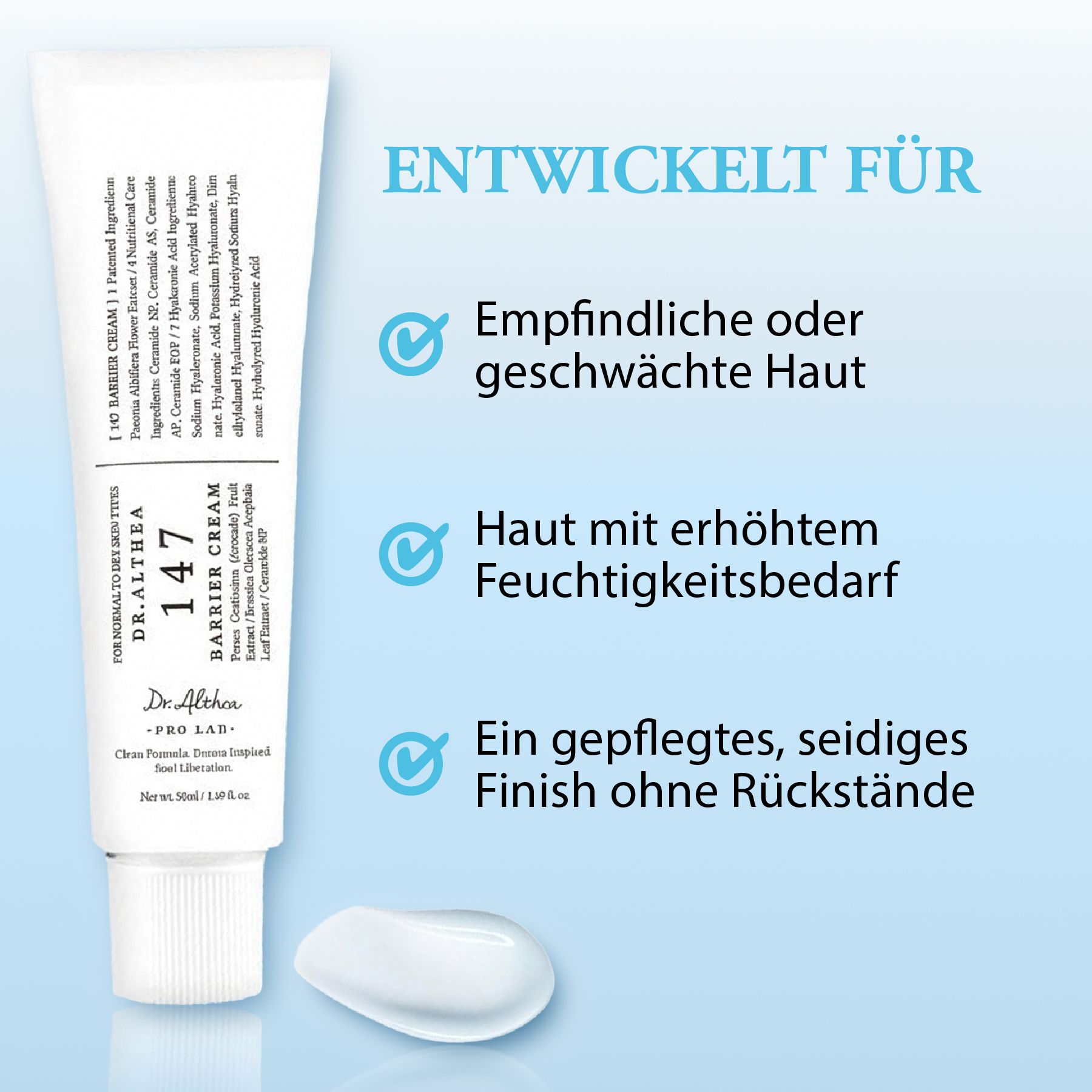 Tubo di Dr. Althea 147 Barrier Cream con crema accanto. Testo in tedesco che evidenzia i benefici del prodotto.