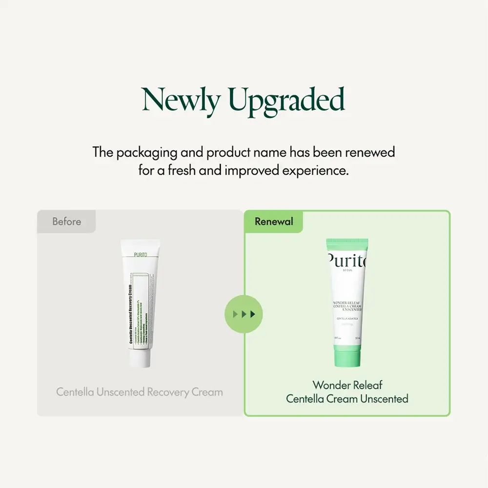 Confronto delle confezioni dei prodotti. Sinistra: Centella Unscented Recovery Cream. Destra: Wonder Releaf Centella Cream Unscented.