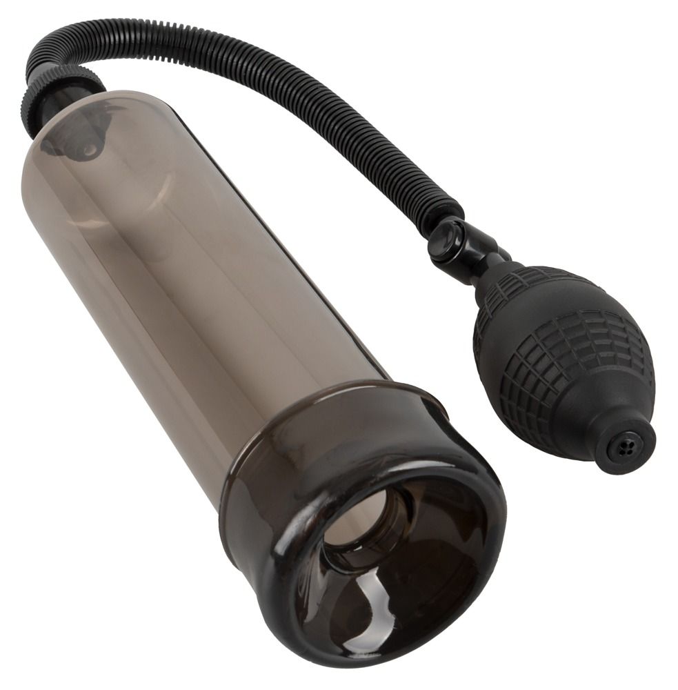 Pompa con cilindro, tubo e bulbo. Base e bulbo neri. Cilindro trasparente.