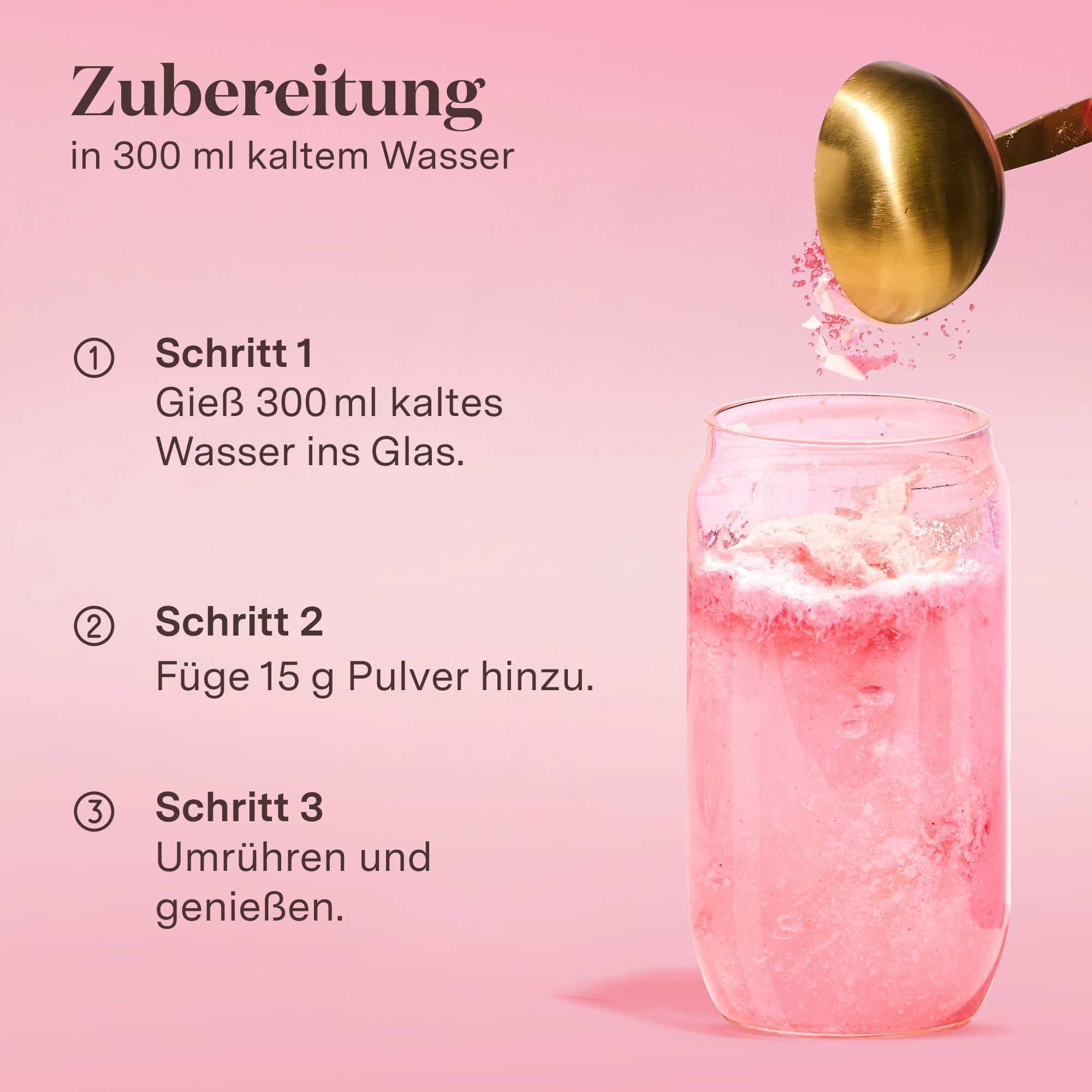 Preparazione della polvere Glow25 Collagen Plus Tipo Fragola in acqua.