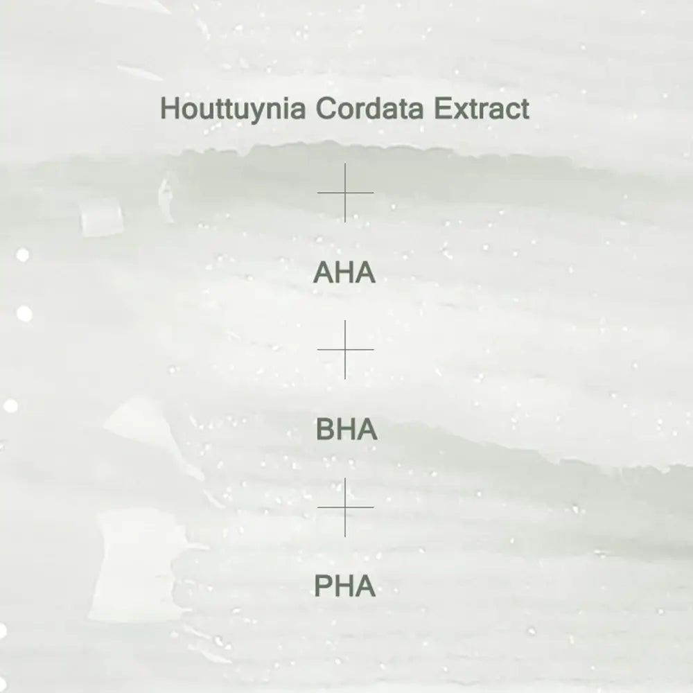 Testo con ingredienti: Houttuynia Cordata Extract, AHA, BHA, PHA. Sfondo: grigio chiaro con linee ondulate.