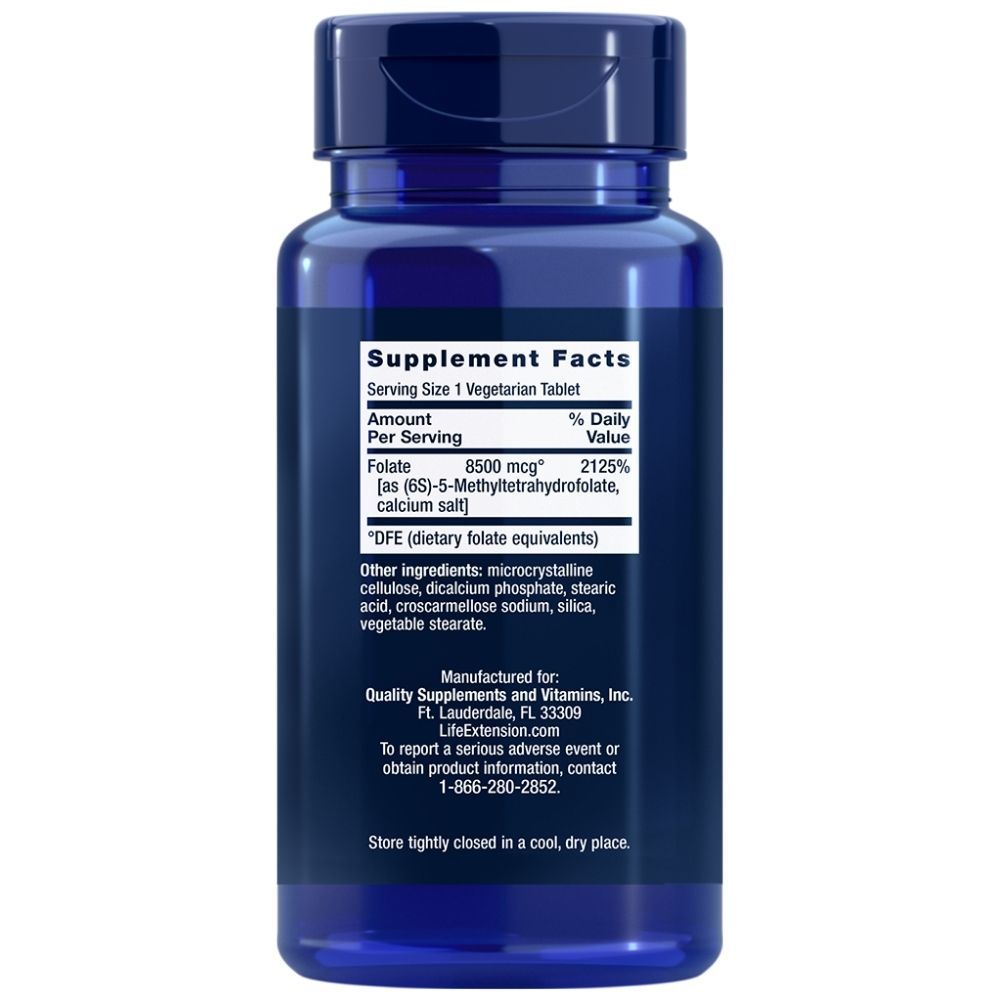 Retro della bottiglia Life Extension Optimized Folate con informazioni nutrizionali e ingredienti.