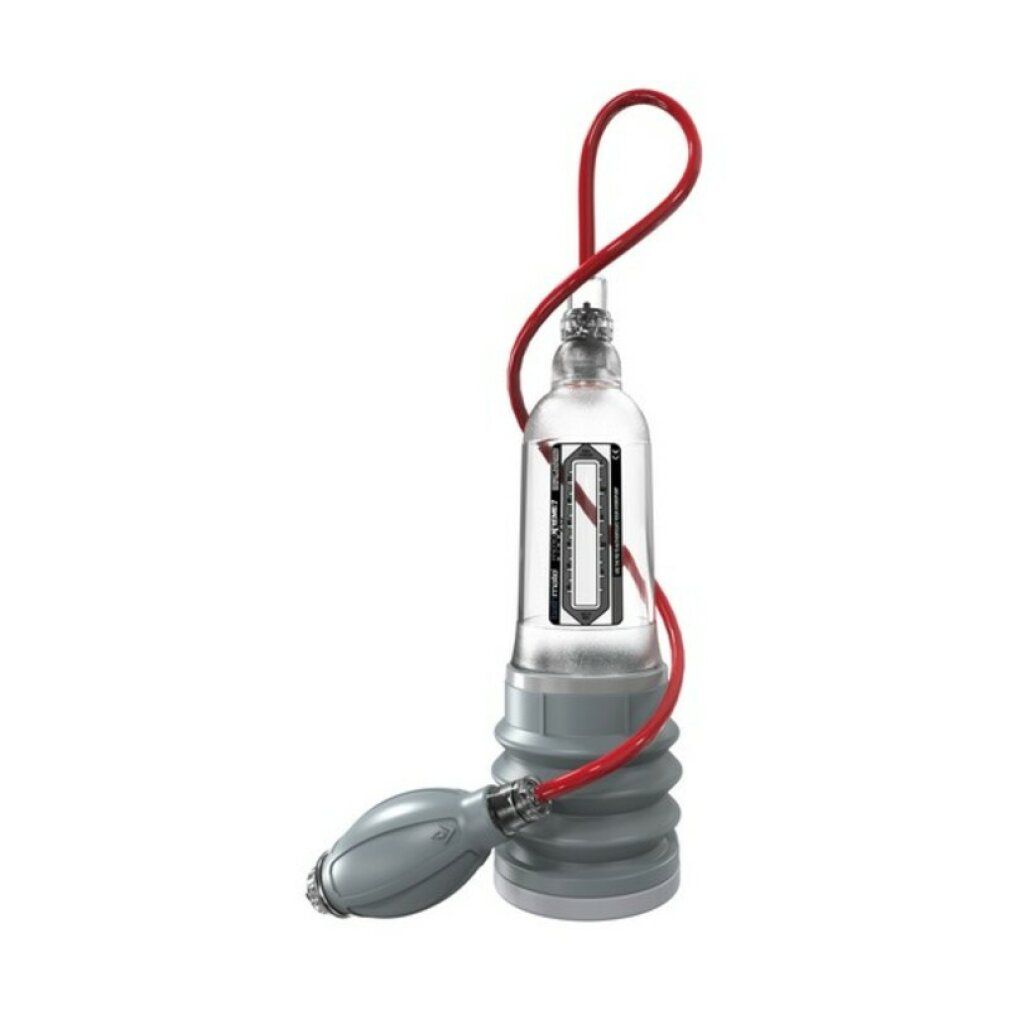 Cilindro trasparente con soffietto grigio e tubo rosso. Pompa grigia. Sul cilindro è visibile una griglia di misurazione.