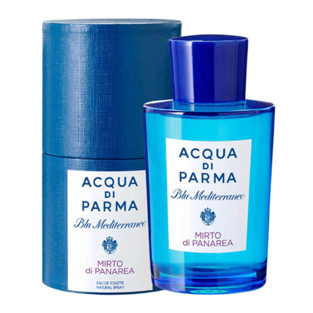 Flacone di profumo blu accanto a confezione cilindrica blu. Scritta: ACQUA DI PARMA Blu Mediterraneo Mirto di Panarea.