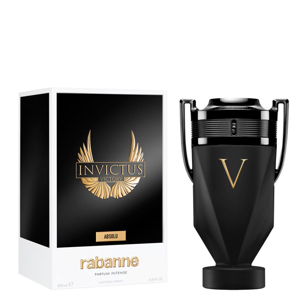 Flacone nero accanto a confezione bianca. Scritta dorata "Invictus Victory Absolu".