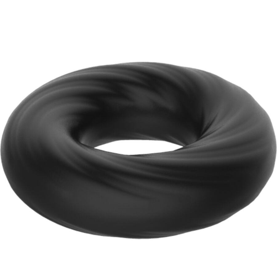 Anello in silicone nero con texture a spirale, in prospettiva anteriore.