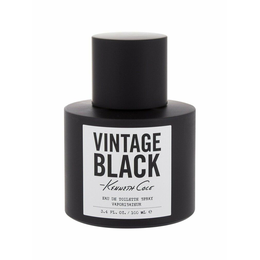 Flacone nero con tappo nero. Etichetta bianca con scritta: VINTAGE BLACK -Kenneth Cole-. Eau de Toilette Spray. 3.4 FL. OZ. / 100 ml.
