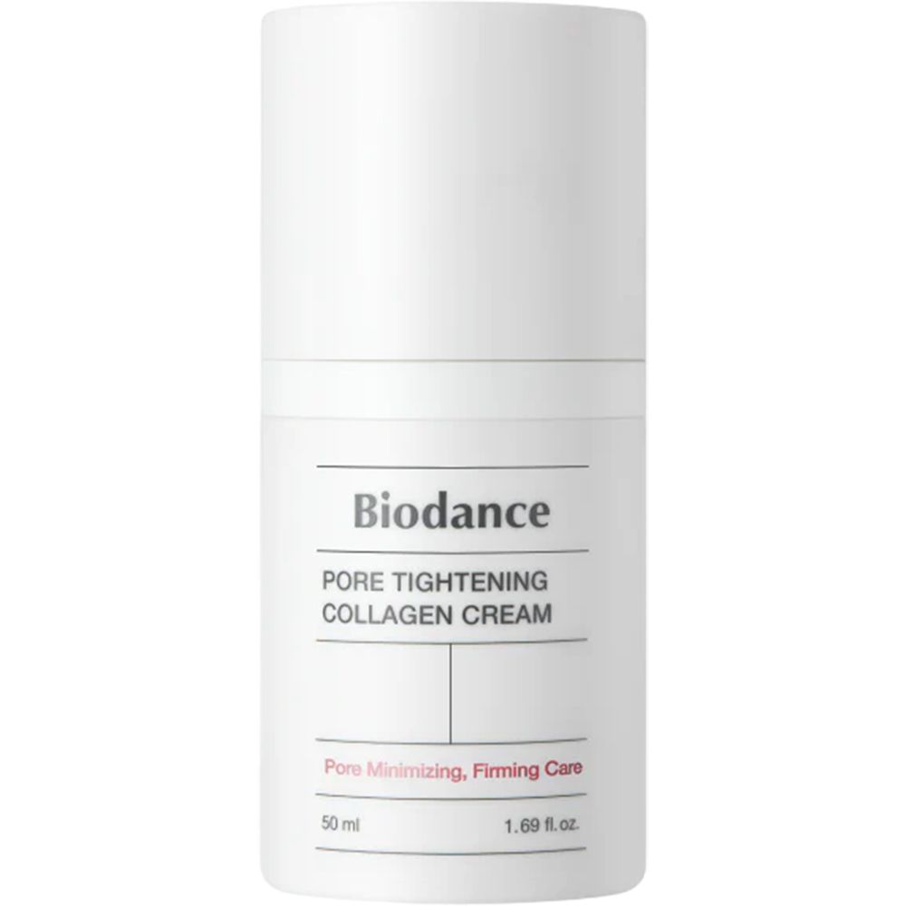 Flacone bianco con scritta "Biodance Pore Tightening Collagen Cream". 50 ml.
