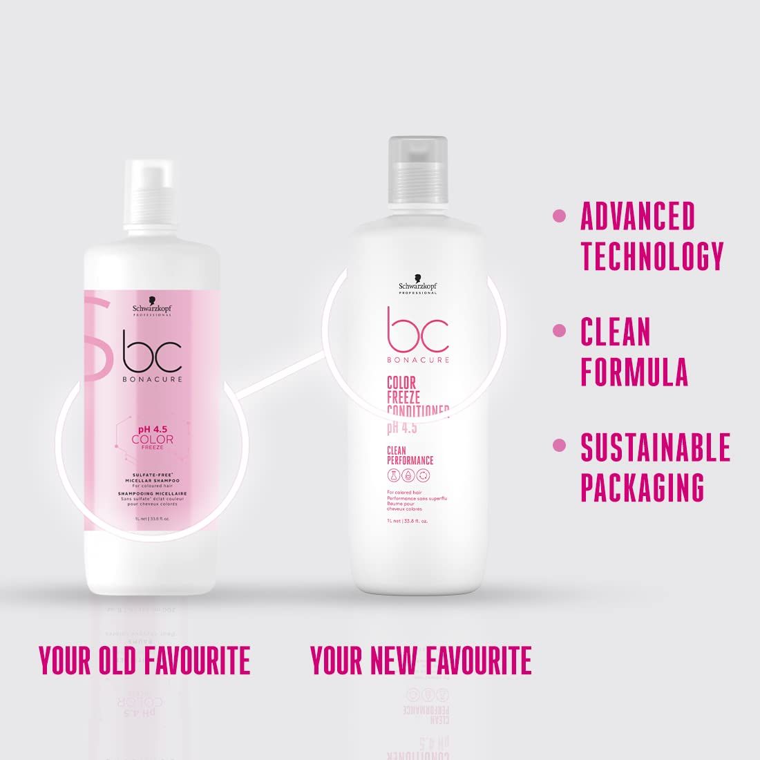Due flaconi "COLOR FREEZE CONDITIONER". Testi: "ADVANCED TECHNOLOGY", "CLEAN FORMULA", "SUSTAINABLE PACKAGING".