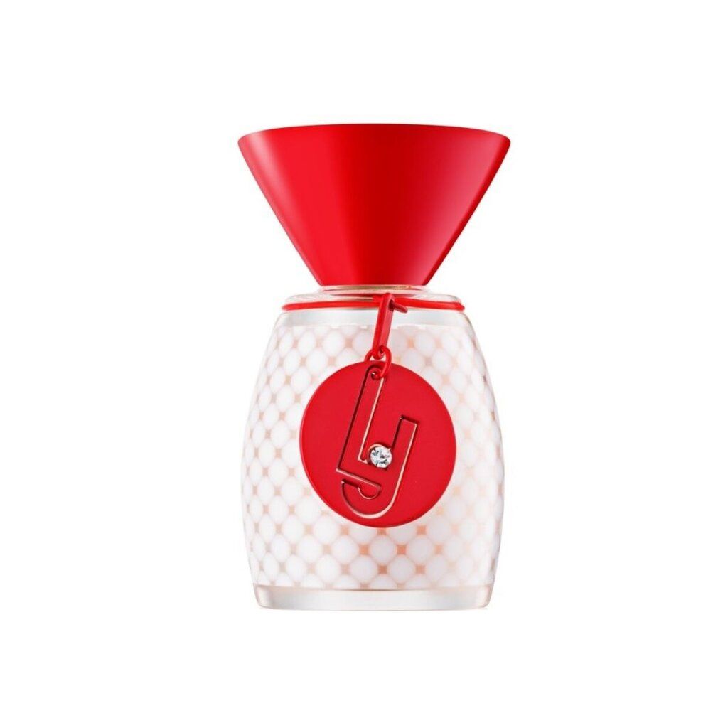 Flacone di profumo con tappo e ciondolo rossi. Flacone con motivo in rilievo e strass.
