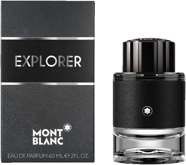 Flacone e confezione Montblanc Explorer Eau de Parfum. Neri, rettangolari, con logo e scritta. 60ml.