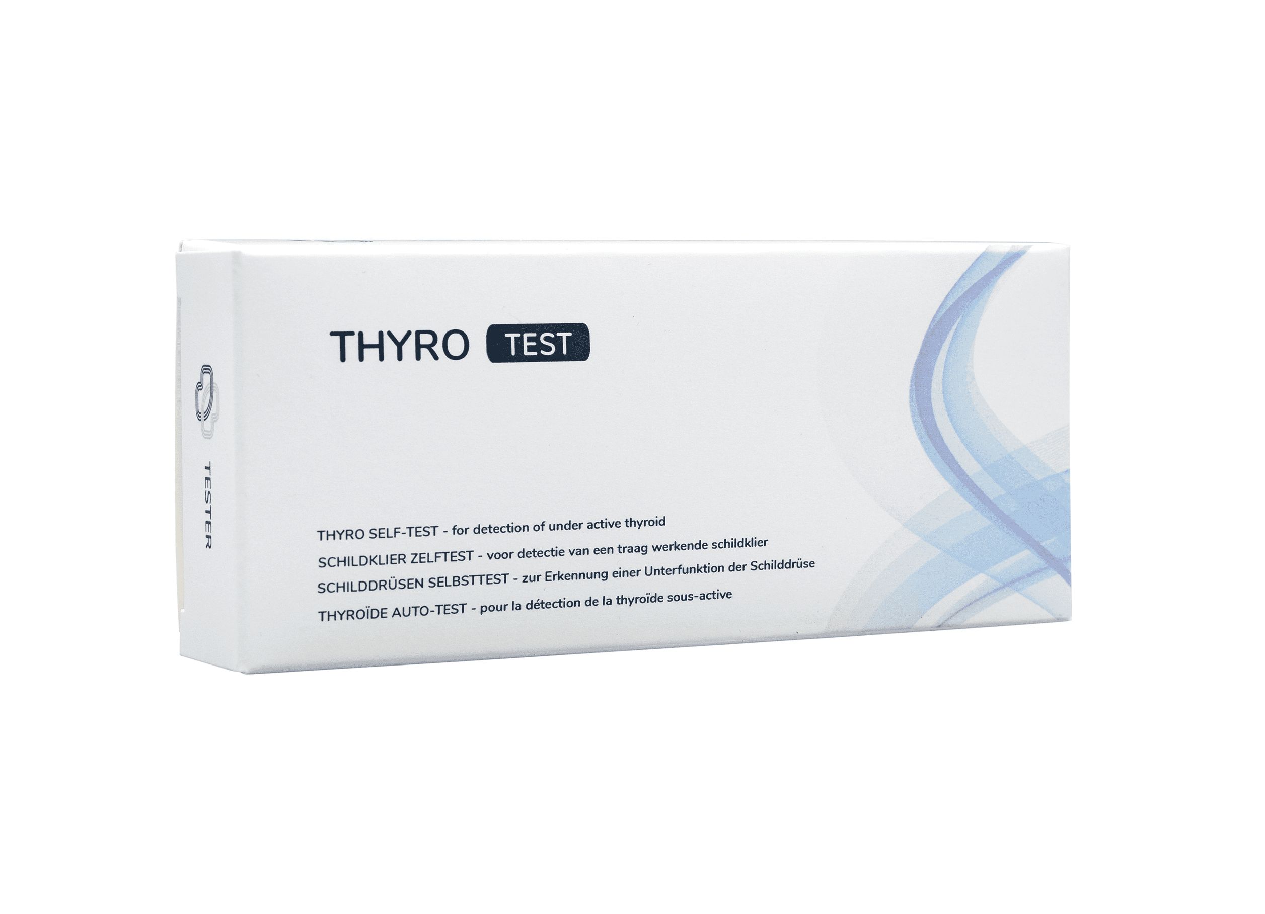 Confezione dell'autotest Thyro Test con informazioni sul prodotto e linee ondulate blu.