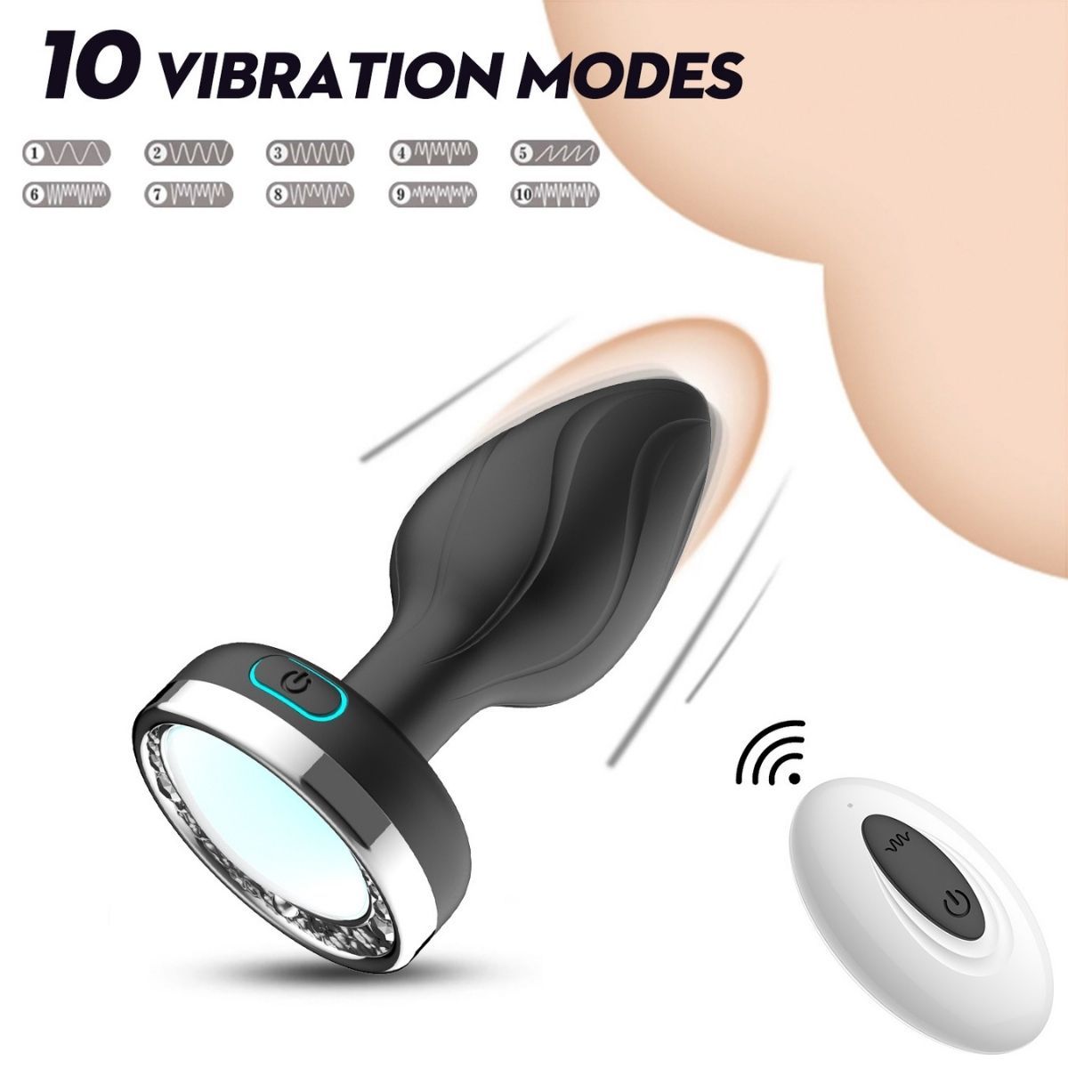 Plug anale nero con anello luminoso colorato e telecomando. Testo: 10 modalità di vibrazione. Il plug ha una forma curva e un pulsante.