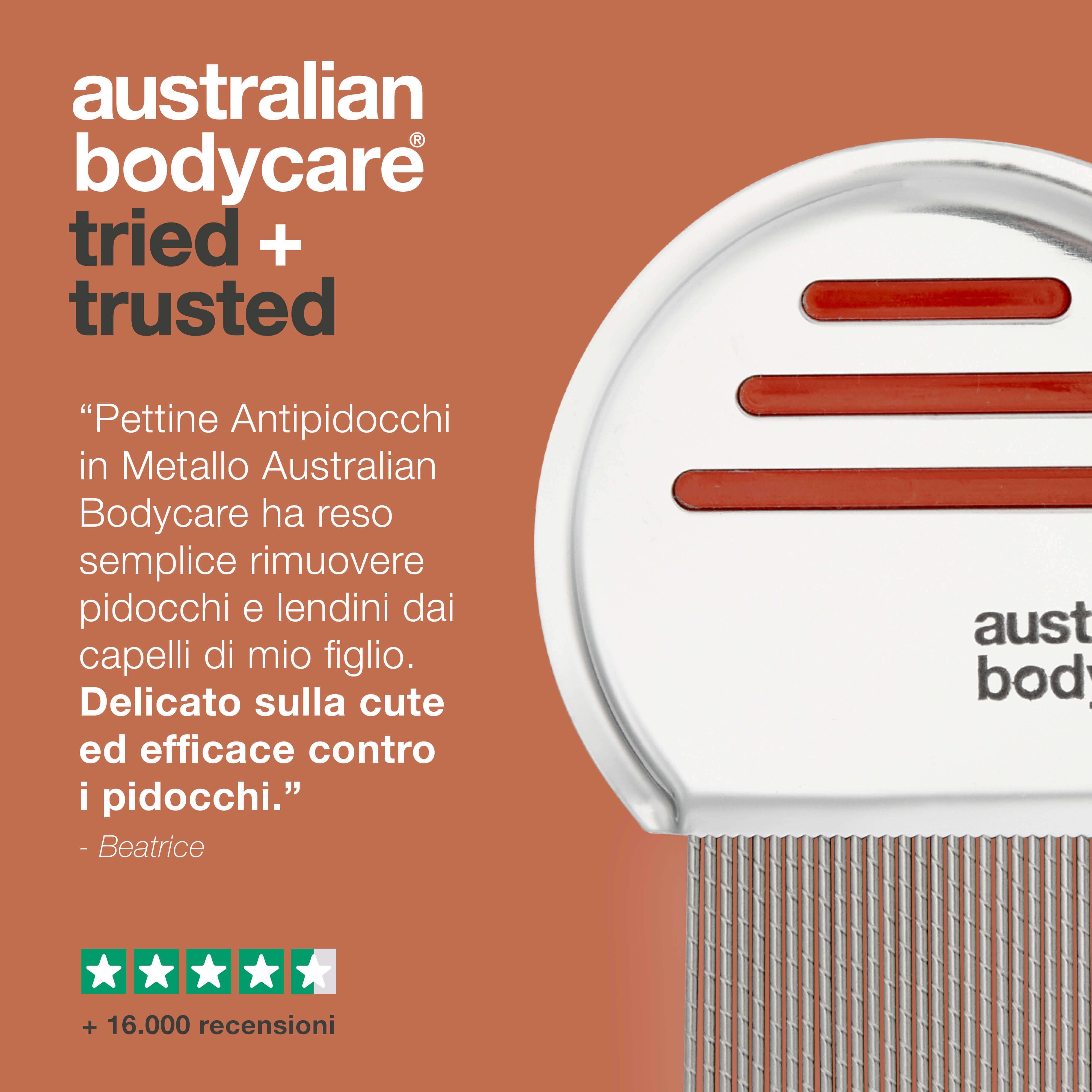 Pettine per pidocchi con testo: Australian Bodycare. Testo: Australian Bodycare provato e affidabile. Valutazione 5 stelle.