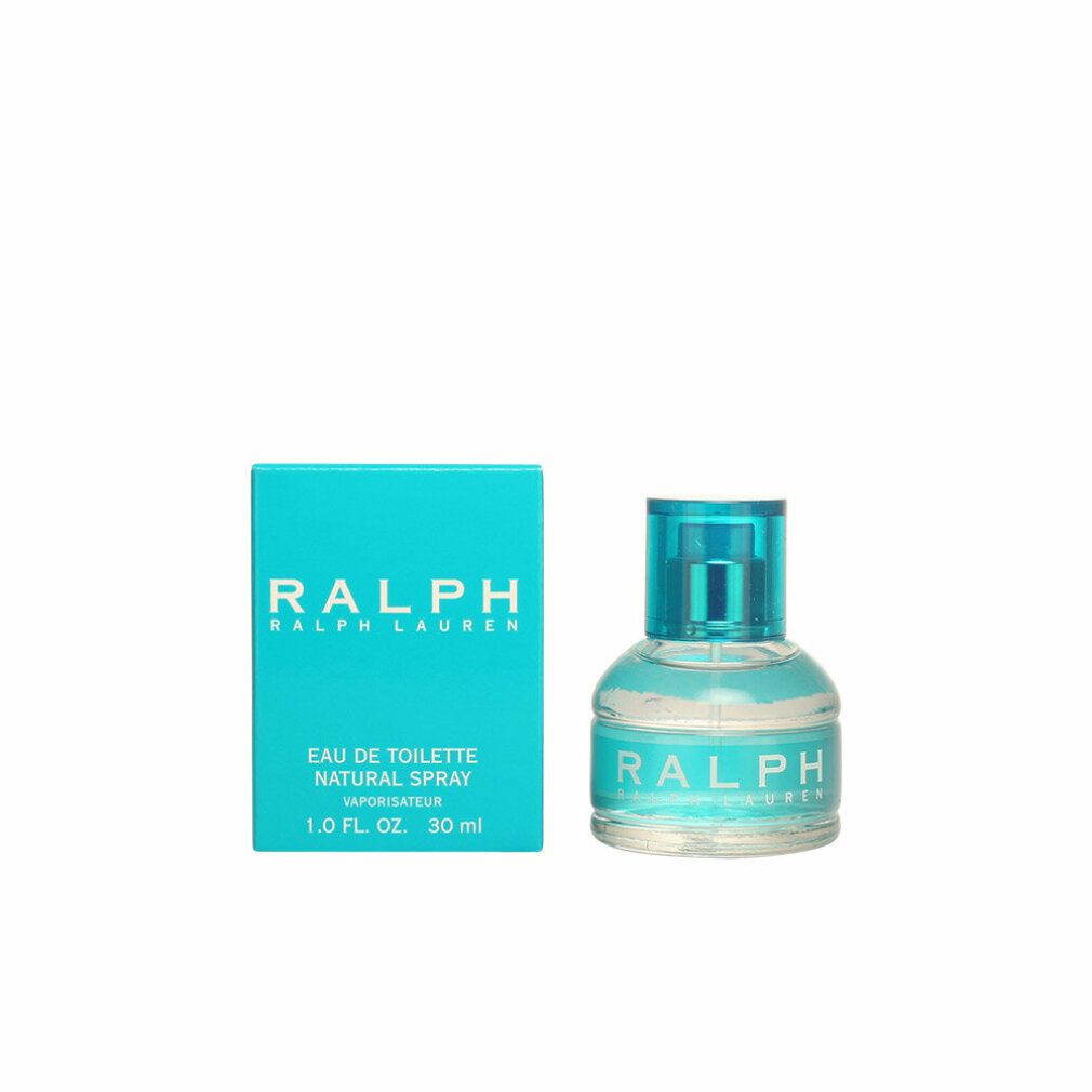 Scatola e flacone turchese. Scritta RALPH LAUREN, Eau de Toilette, Natural Spray. Flacone con tappo blu.