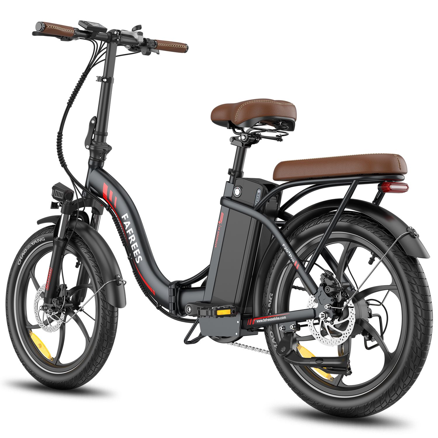 E-bike pieghevole, nero con sella marrone. Marchio Fafrees. Dettagli visibili: ruote, batteria, parafanghi, portapacchi.