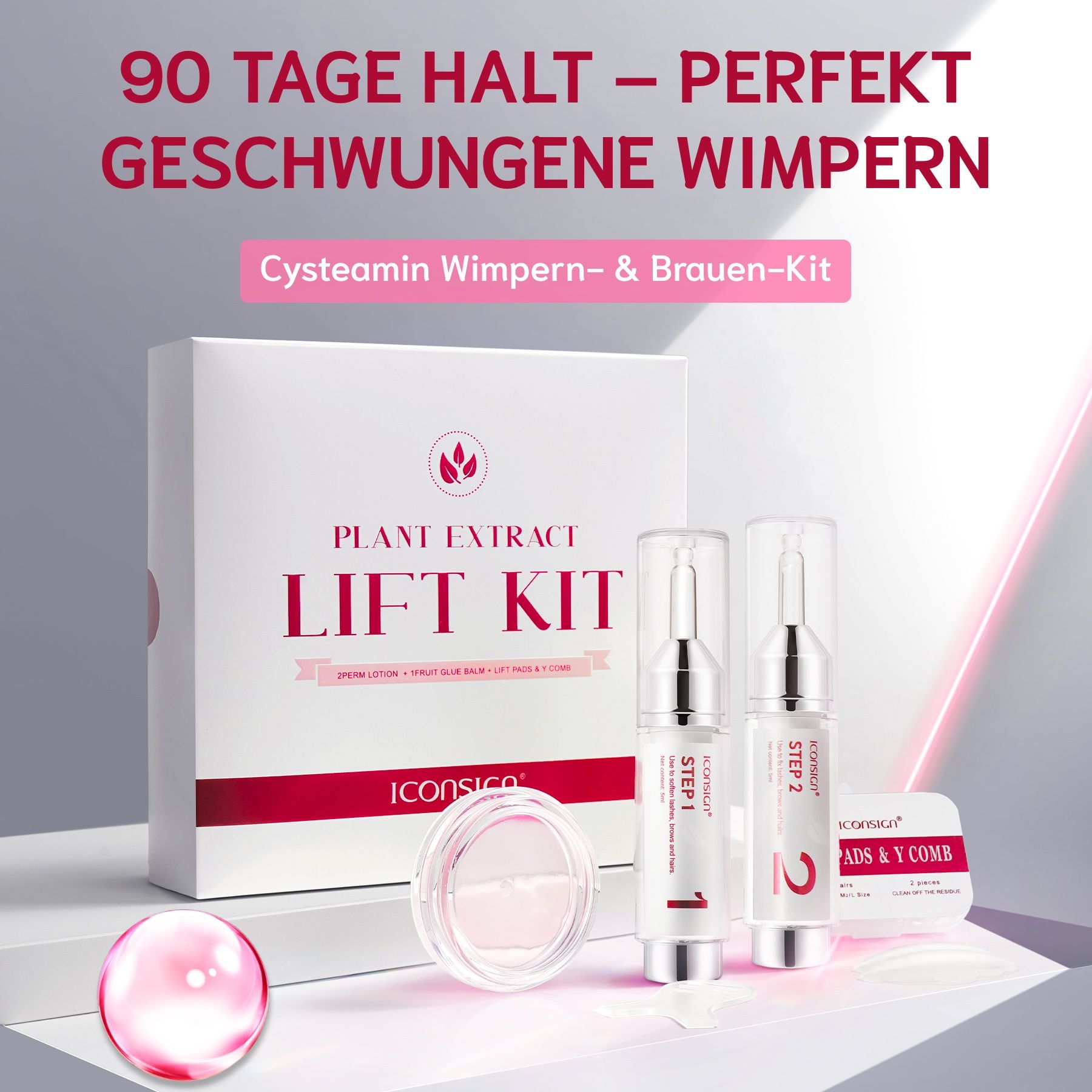 Kit per laminazione ciglia e sopracciglia. Contiene flaconi, contenitore, spazzola e pettine a Y. Confezione con logo e testo.