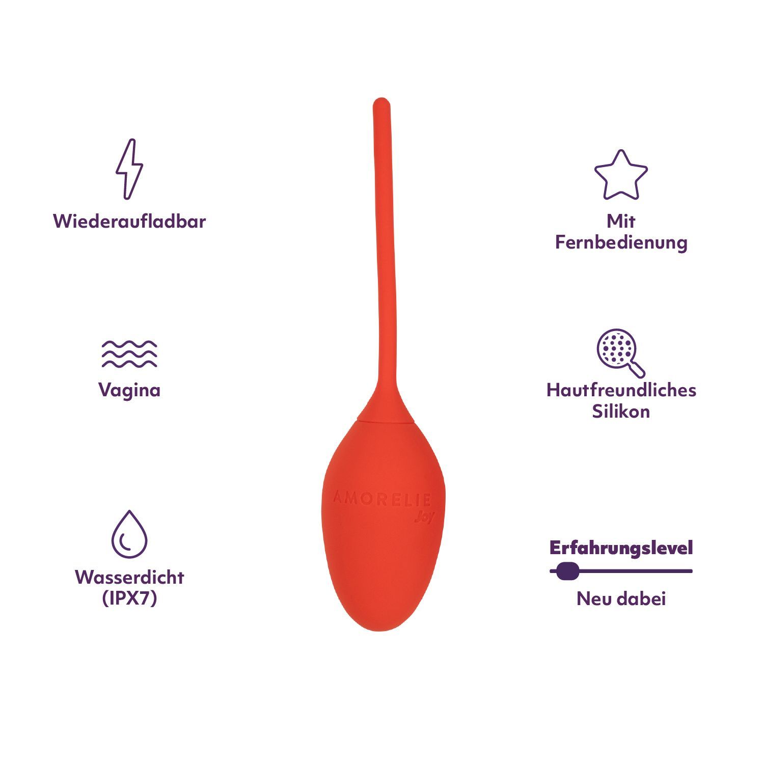 Cono arancione con stelo, circondato da icone. Testo: Ricaricabile, Vagina, Impermeabile (IPX7), Con telecomando, Silicone delicato, Livello di esperienza, Nuovo.