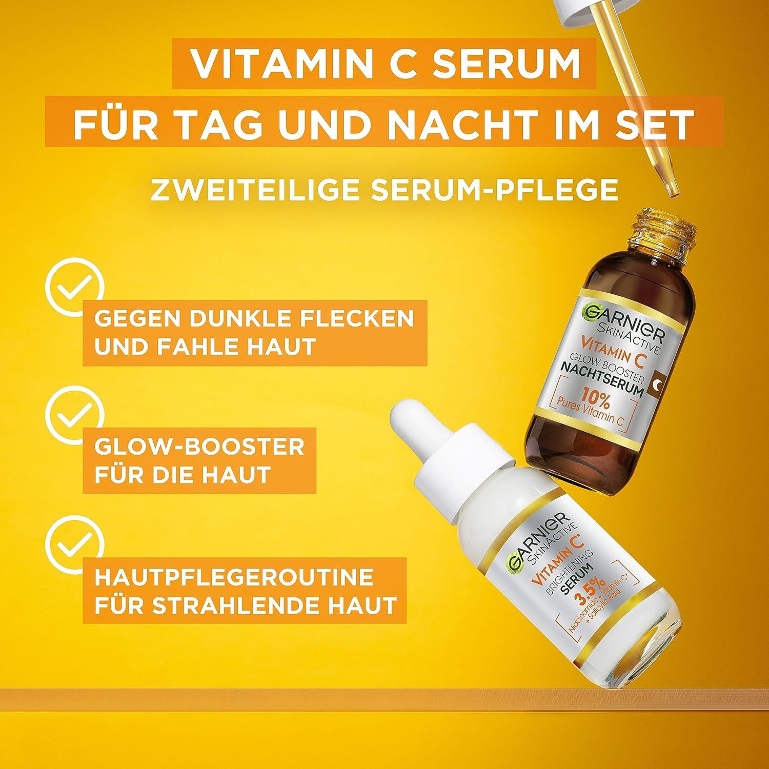 Due flaconi di siero con testo. Testo: Siero vitamina C per giorno e notte in set. Garnier SkinActive.