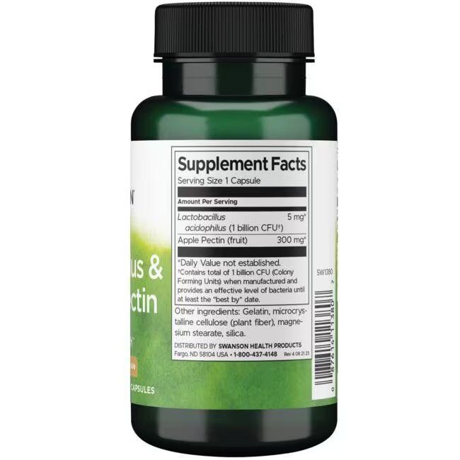 Retro del flacone verde. Scritta: Supplement Facts. Contiene Lactobacillus acidophilus e pectina di mela. Ingredienti.