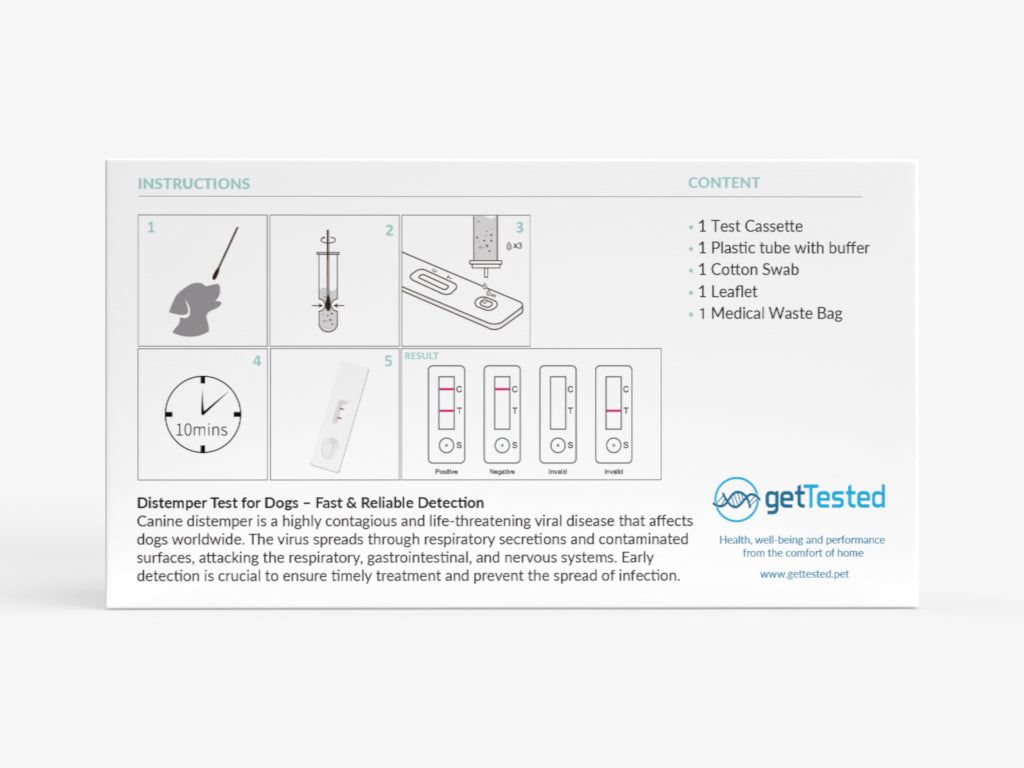 Confezione del test GetTested per il cimurro. Contiene cassetta, provetta, tampone, foglietto illustrativo e sacchetto rifiuti medici.