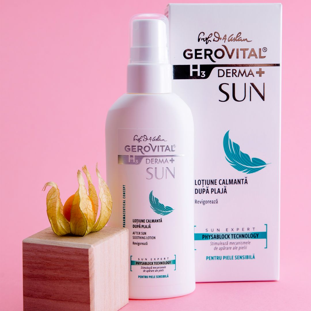 Flacone bianco e scatola. Scritta: Gerovital H3 Derma+ Sun. Testo: After Sun Soothing Lotion. Con frutto di physalis.