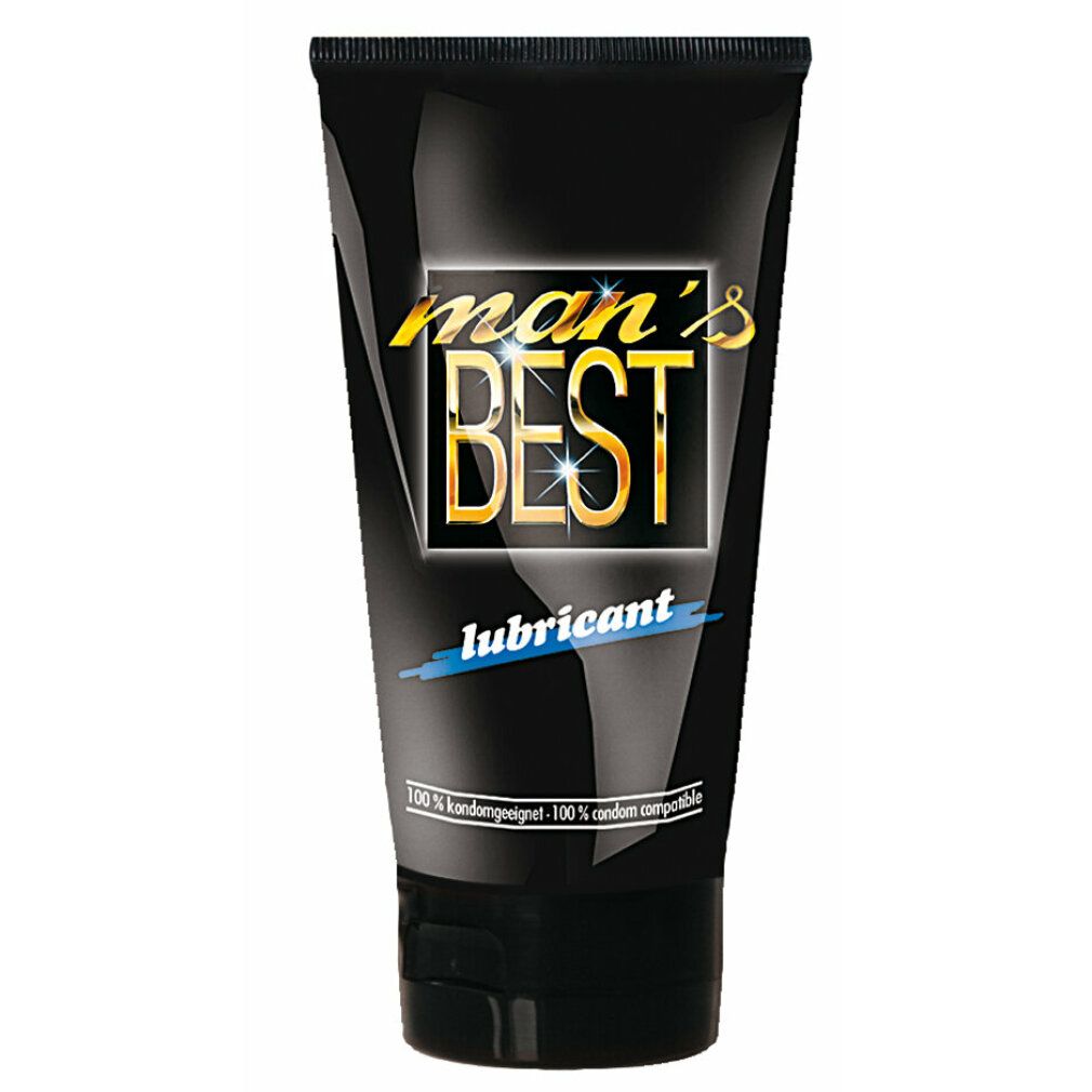 Tubo nero con scritta dorata "man's BEST lubricant". Linea blu. Testo: 100% compatibile con preservativi.