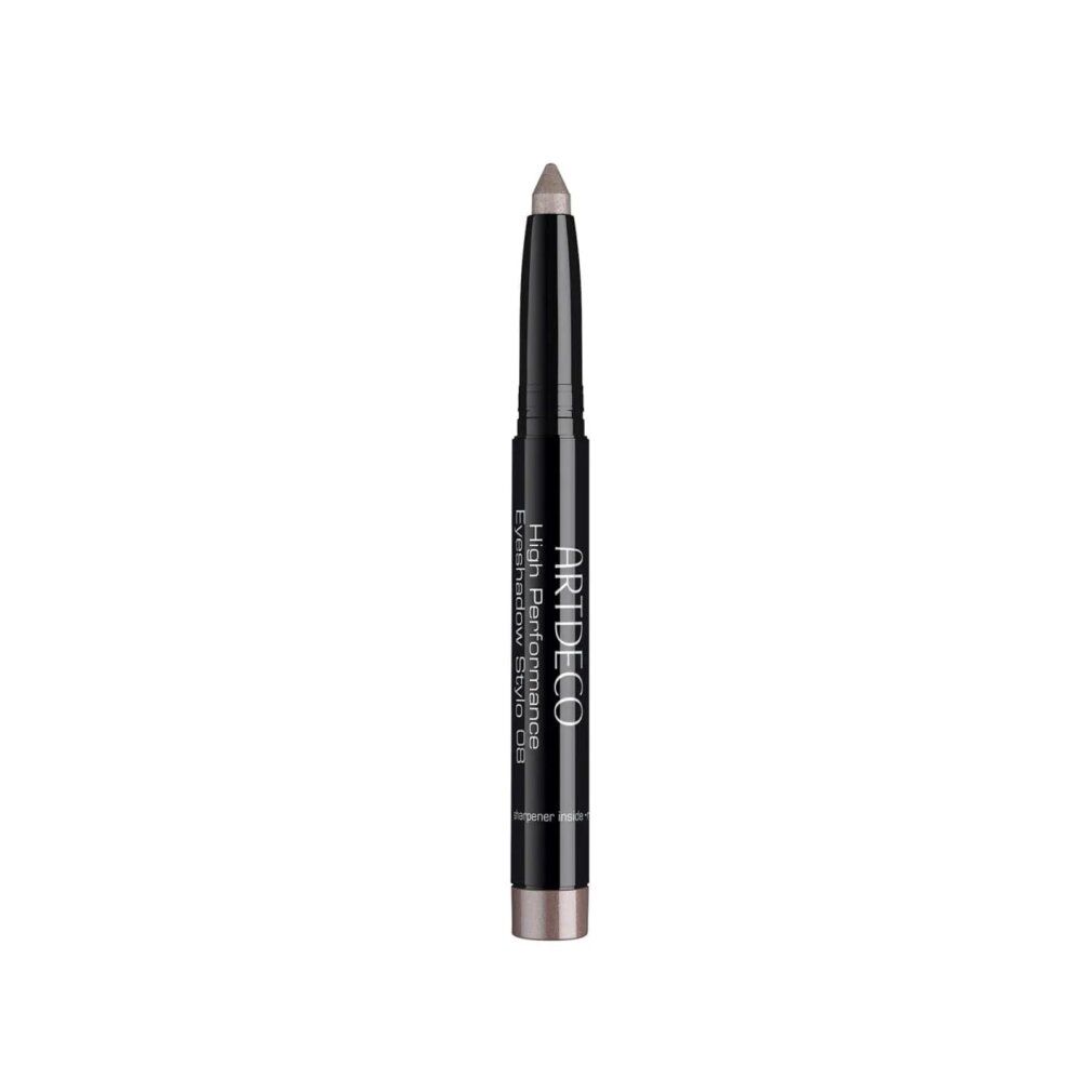Matita ombretto grigia. Matita nera con mina argentata. Scritta: ARTDECO High Performance Eyeshadow Stylo 08.