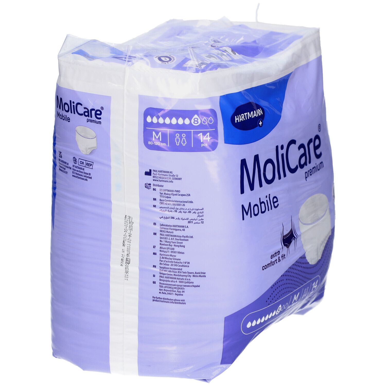 Confezione di MoliCare® premium Mobile Pants M. Contiene 14 pezzi. Taglia M, 80-120 cm. Marchio Hartmann.