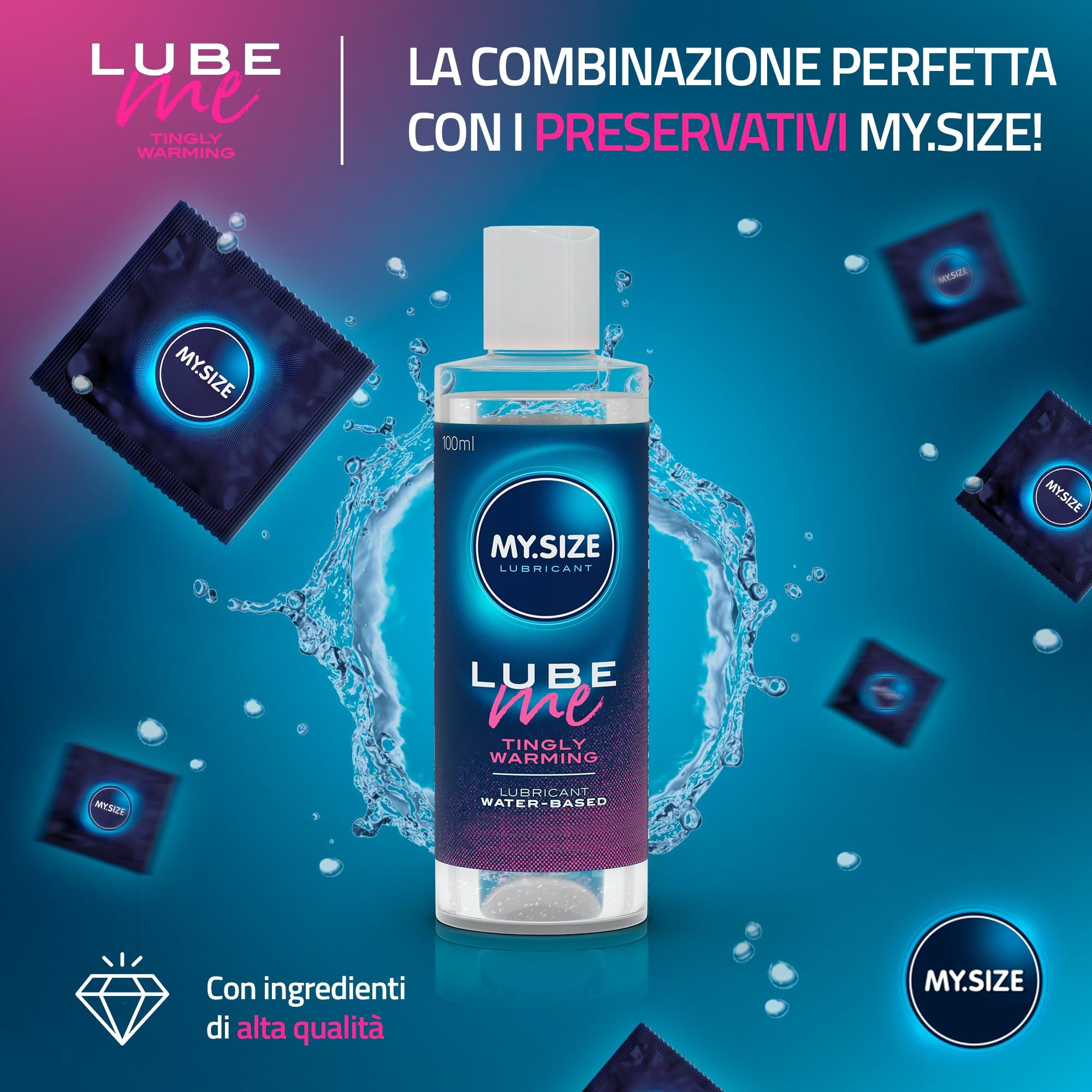 MY.SIZE Lube Me Gel Lubrificante Tingly Warming, flacone 100ml, con preservativi.