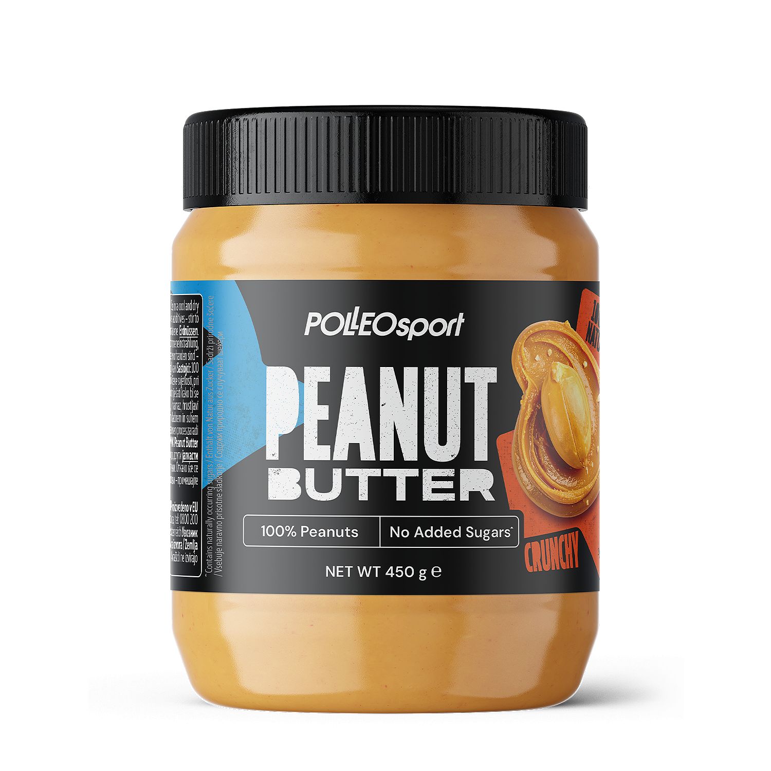 Barattolo di burro di arachidi con coperchio nero. Scritta: PEANUT BUTTER, Crunchy, 100% Peanuts, No Added Sugars. 450 g.
