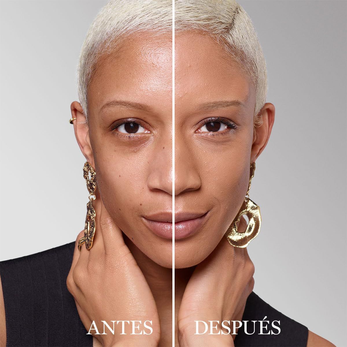 Viso di donna diviso in prima e dopo. Un lato senza trucco, l'altro truccato.