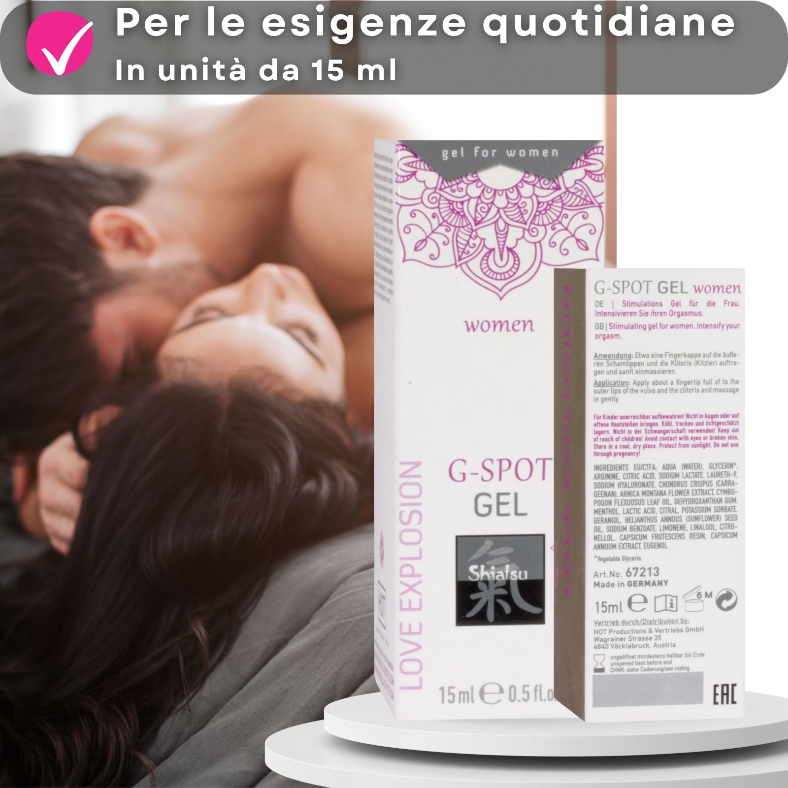 Prodotto e coppia. Scatola e testo: G-Spot Gel. Vantaggi: necessità quotidiane, 15ml.