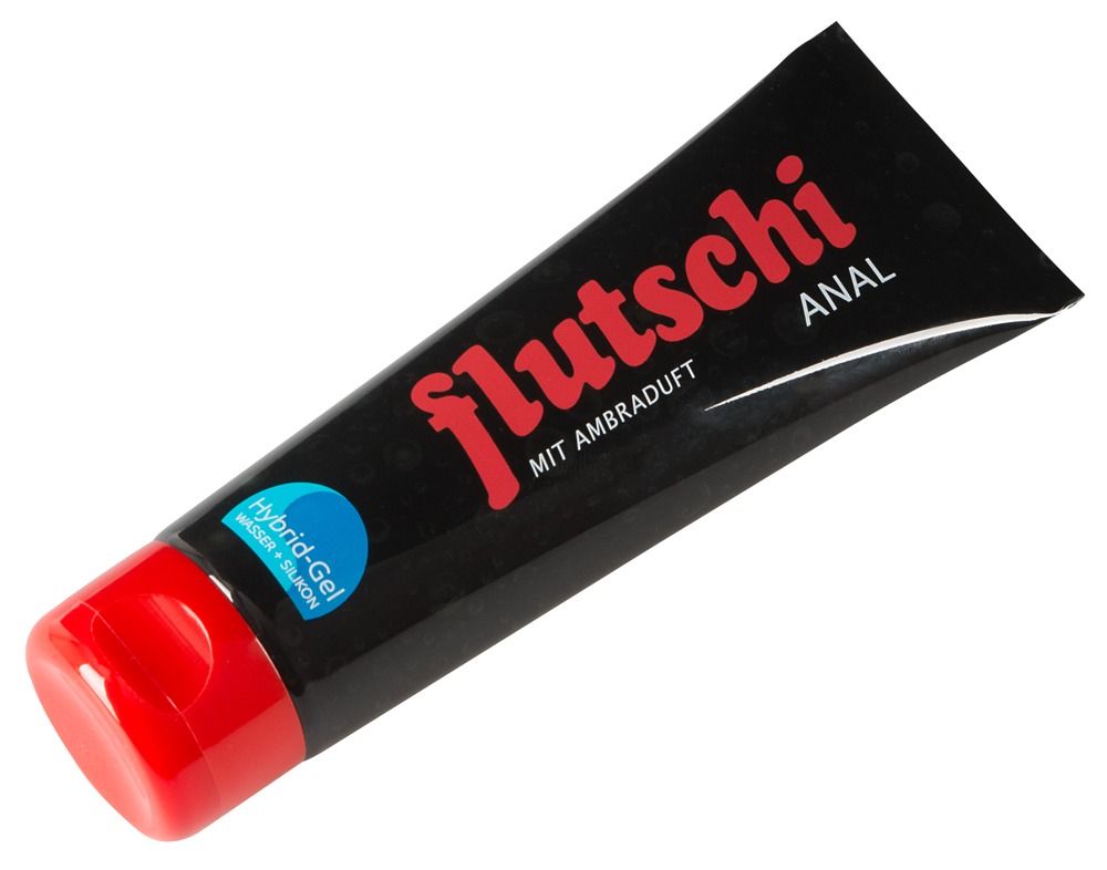 Tubo nero con scritta rossa: Flutschi Anal. Gel ibrido a base di acqua e silicone, angolato.
