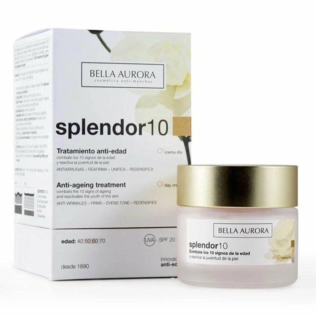 Vaso di crema e scatola. Scritta: splendor10, Bella Aurora. Trattamento anti-età. SPF20. Vaso rosa con coperchio dorato.