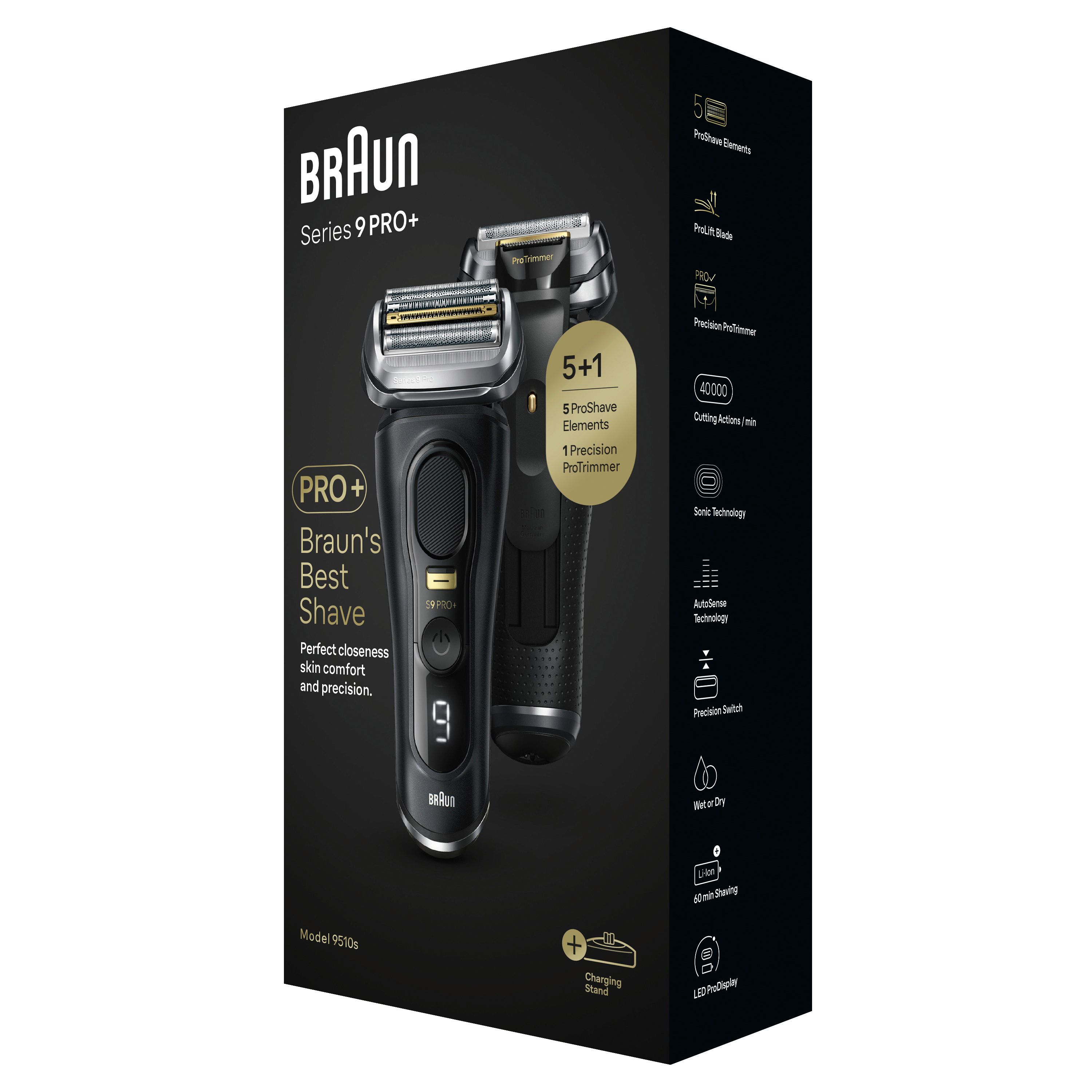 Confezione del rasoio Braun Series 9 Pro. Scatola nera con immagine del prodotto e informazioni.