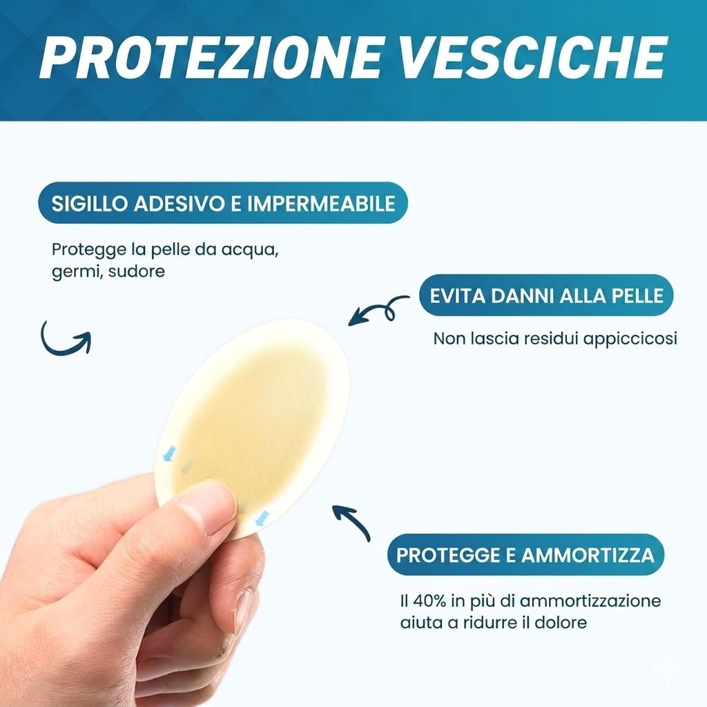 Mano che tiene un cerotto ovale. Testo: Protezione vesciche. Adesivo e impermeabile. Evita danni alla pelle. Protegge e ammortizza. 40% di ammortizzazione in più.