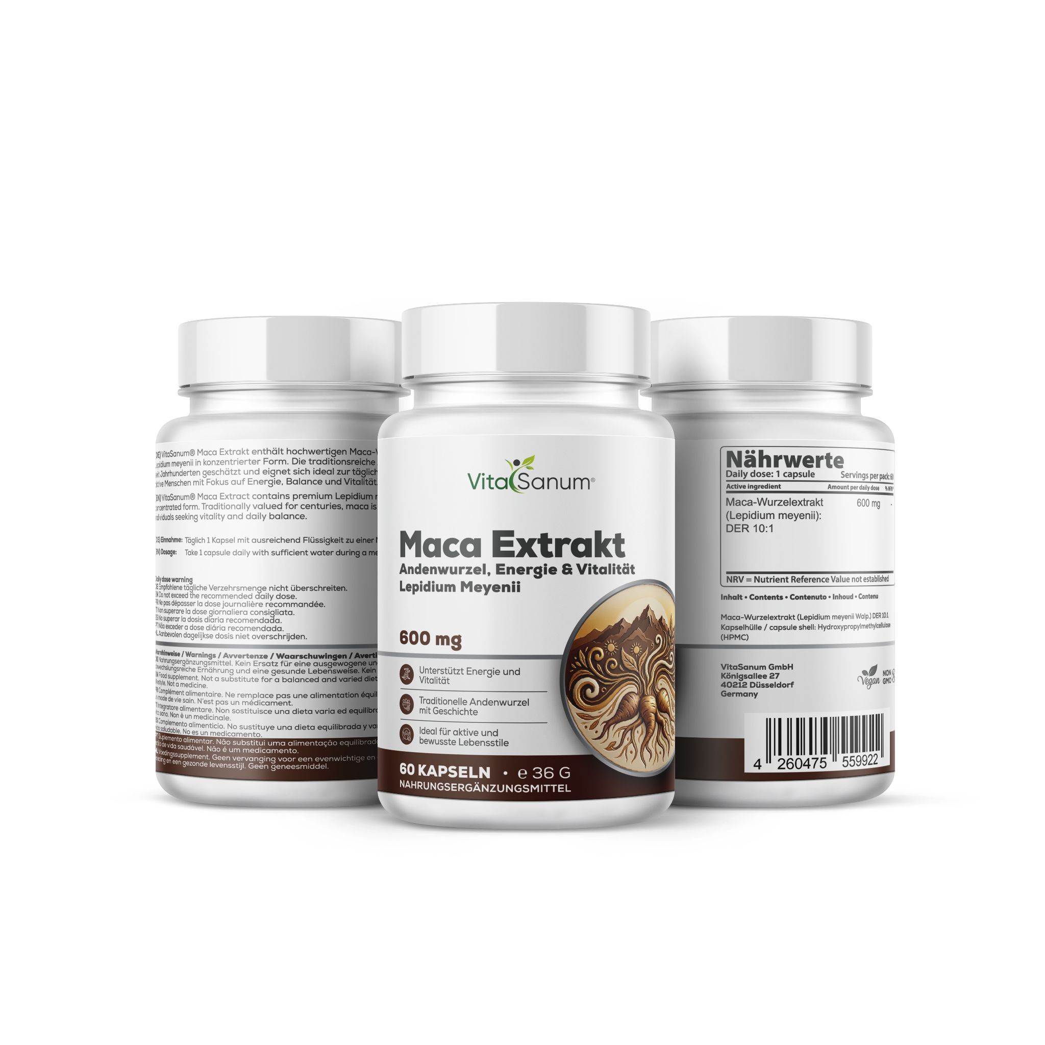 VitaSanum Estratto di Maca Capsule, 600 mg, 60 capsule vegane, tre contenitori.