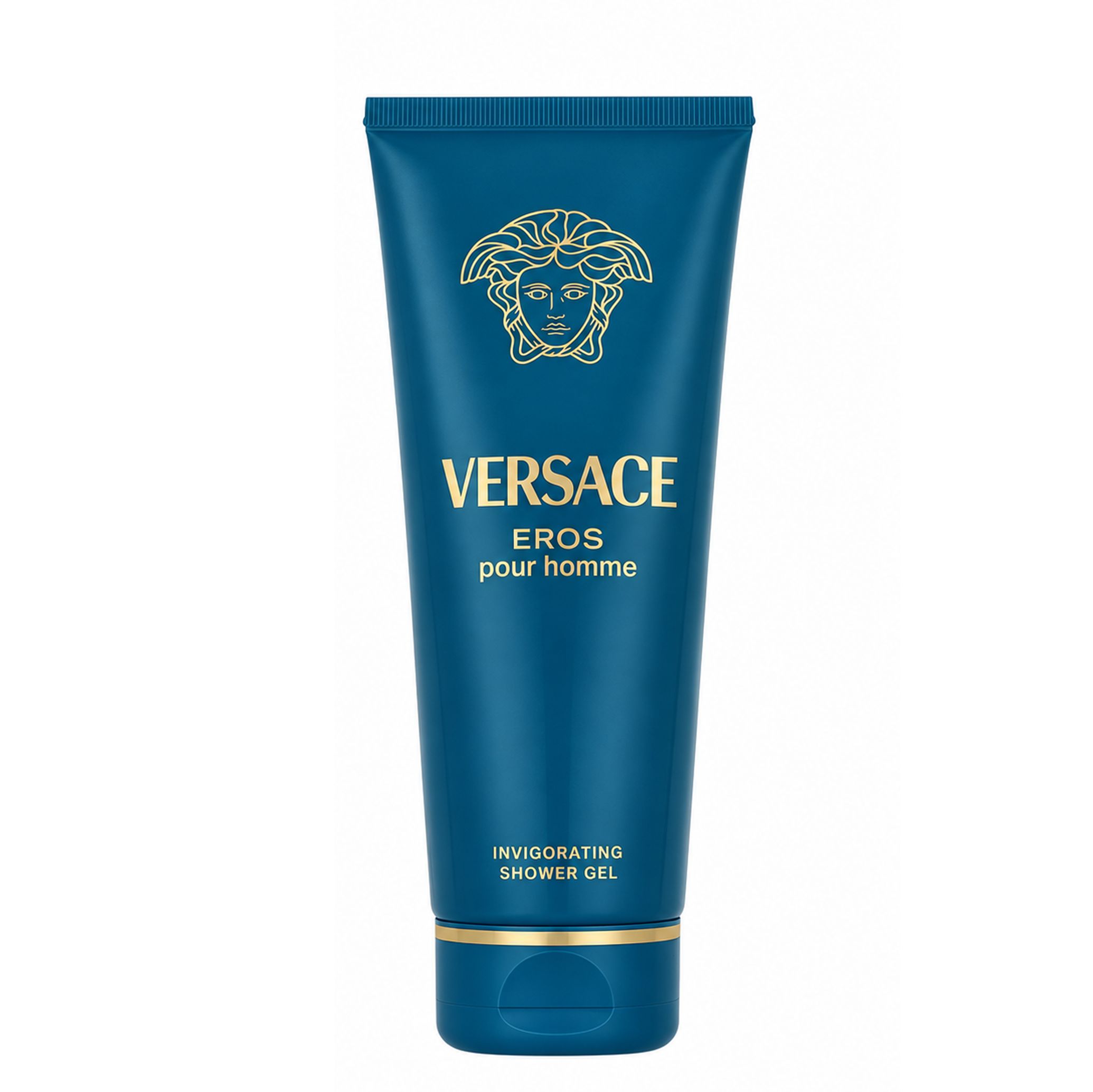 Tubo blu scuro con logo e scritta Versace Eros Pour Homme dorati. Bagnoschiuma.