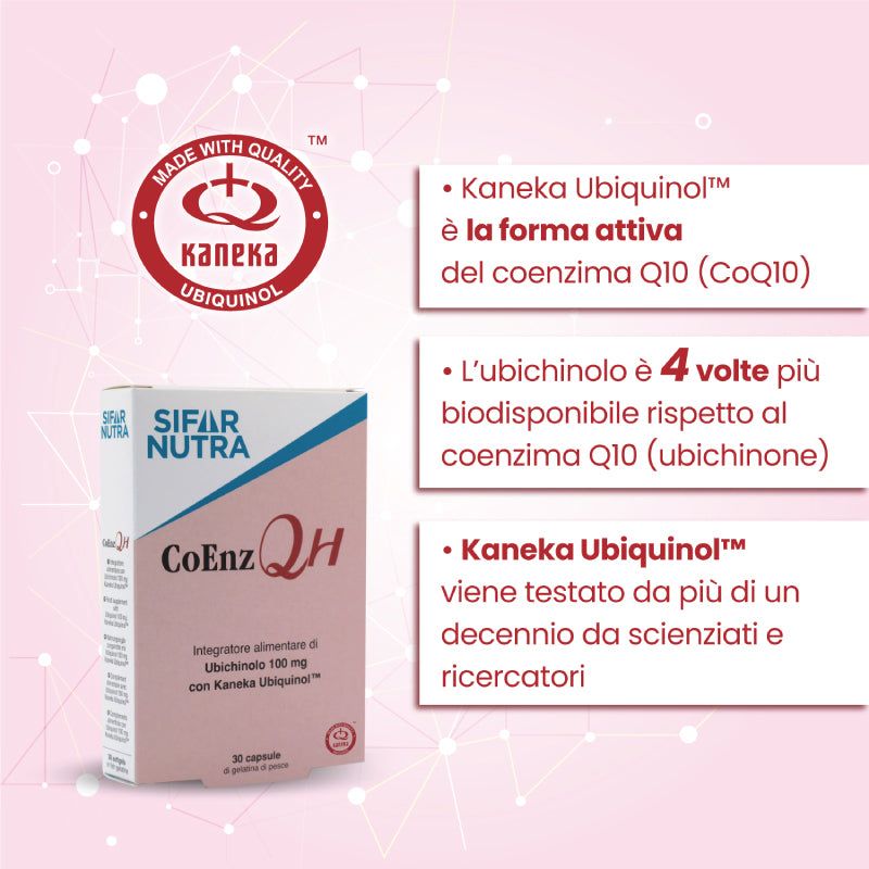 Confezione Sifar Nutra CoEnz QH. Testo: Kaneka Ubiquinol, forma attiva del coenzima Q10. Marchio di qualità.