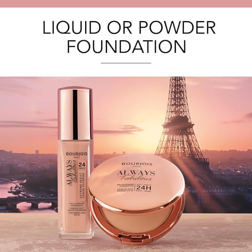 Quattro prodotti cosmetici. A sinistra: primer. Secondo: cipria compatta. Terzo: correttore. Quarto: bronzer. Scritta: Bourjois, Always Fabulous, 24H.