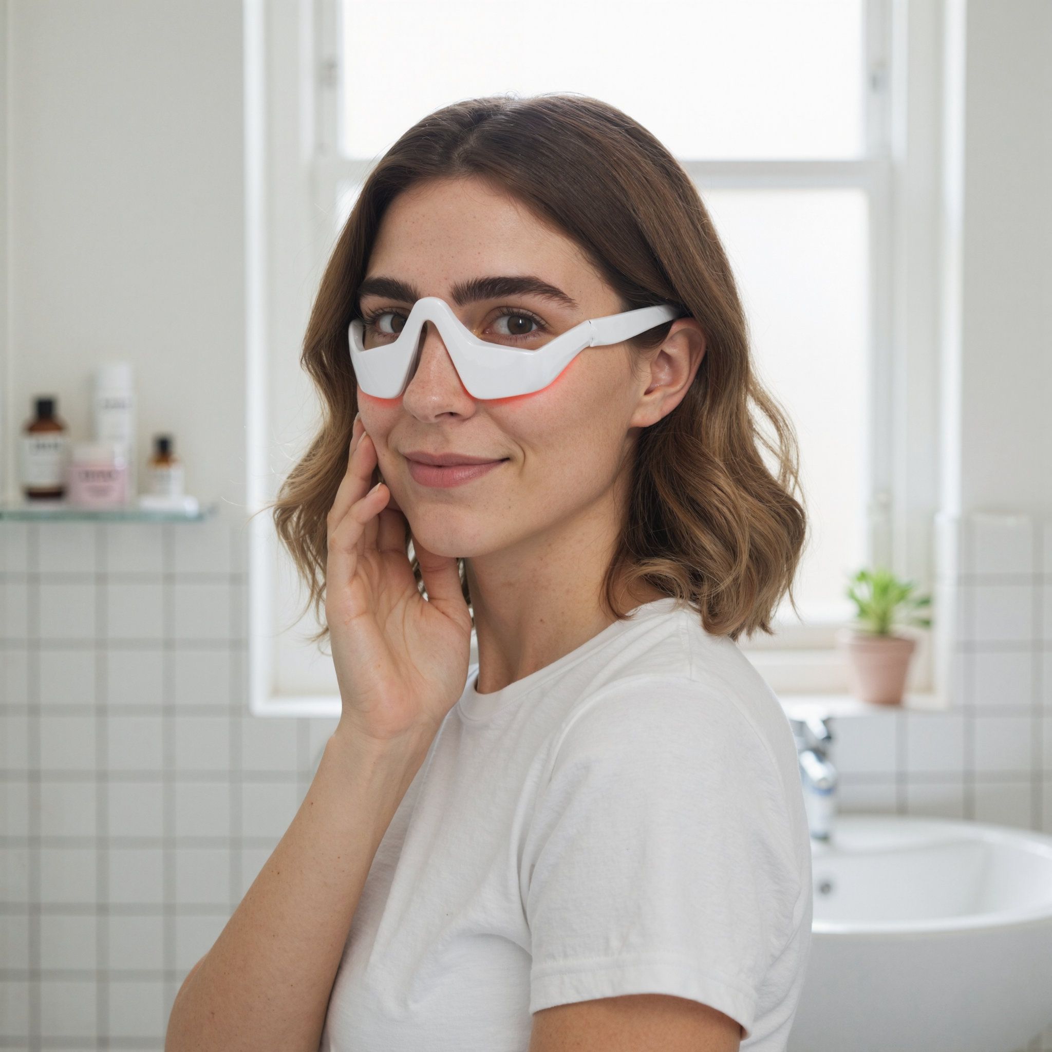 Maschera per gli occhi bianca con linea rossa, indossata da una donna. La maschera copre la zona degli occhi.