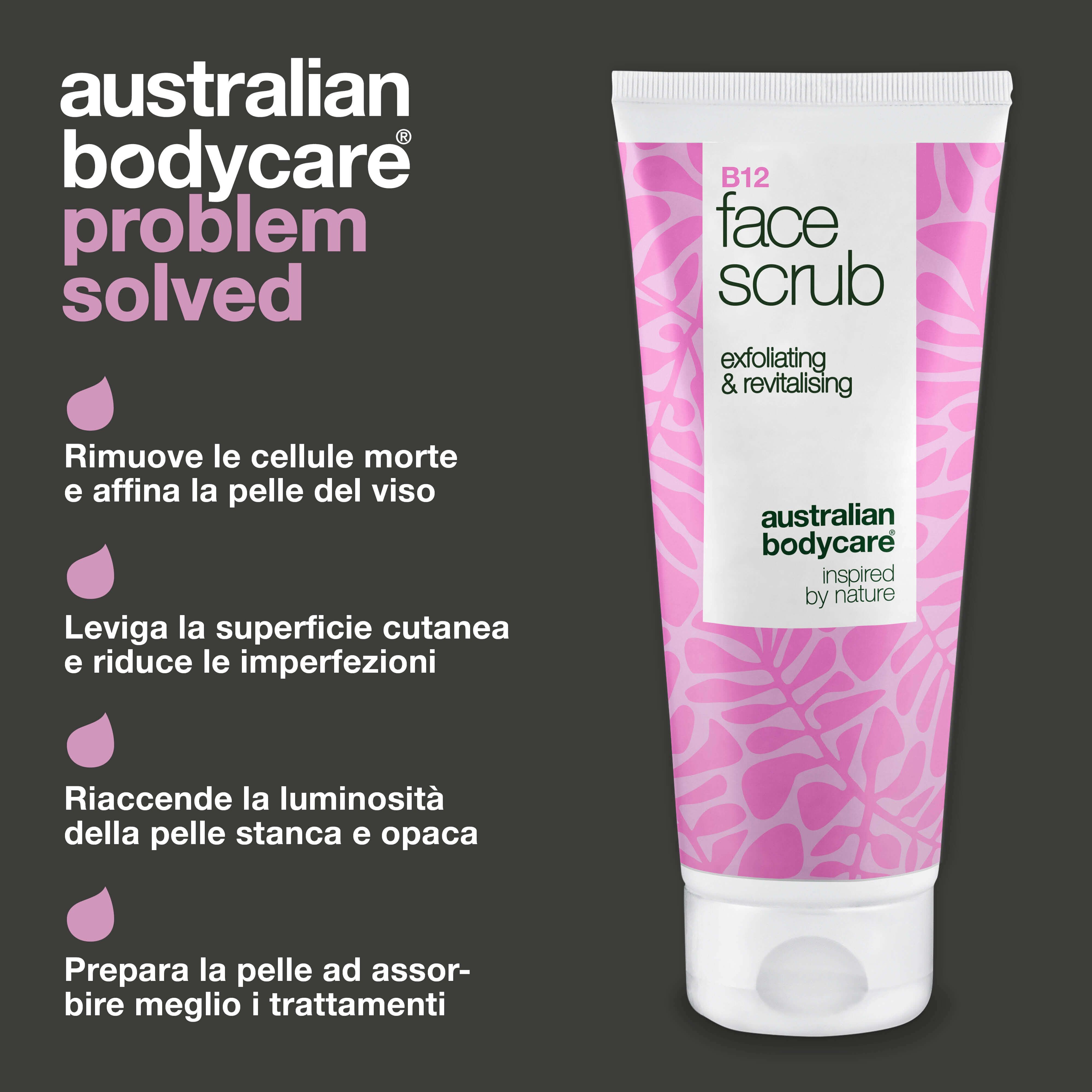 Tubo di scrub con testo. Nome del prodotto e logo. Sfondo rosa.