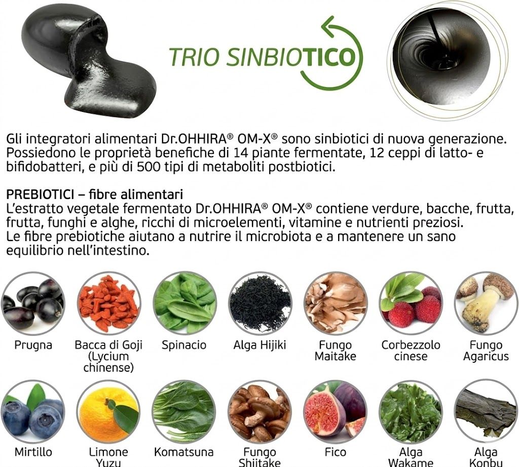 Oggetto nero lucido con testo 'TRIO SINBIOTICO'. Sotto, immagini di frutta e verdura.