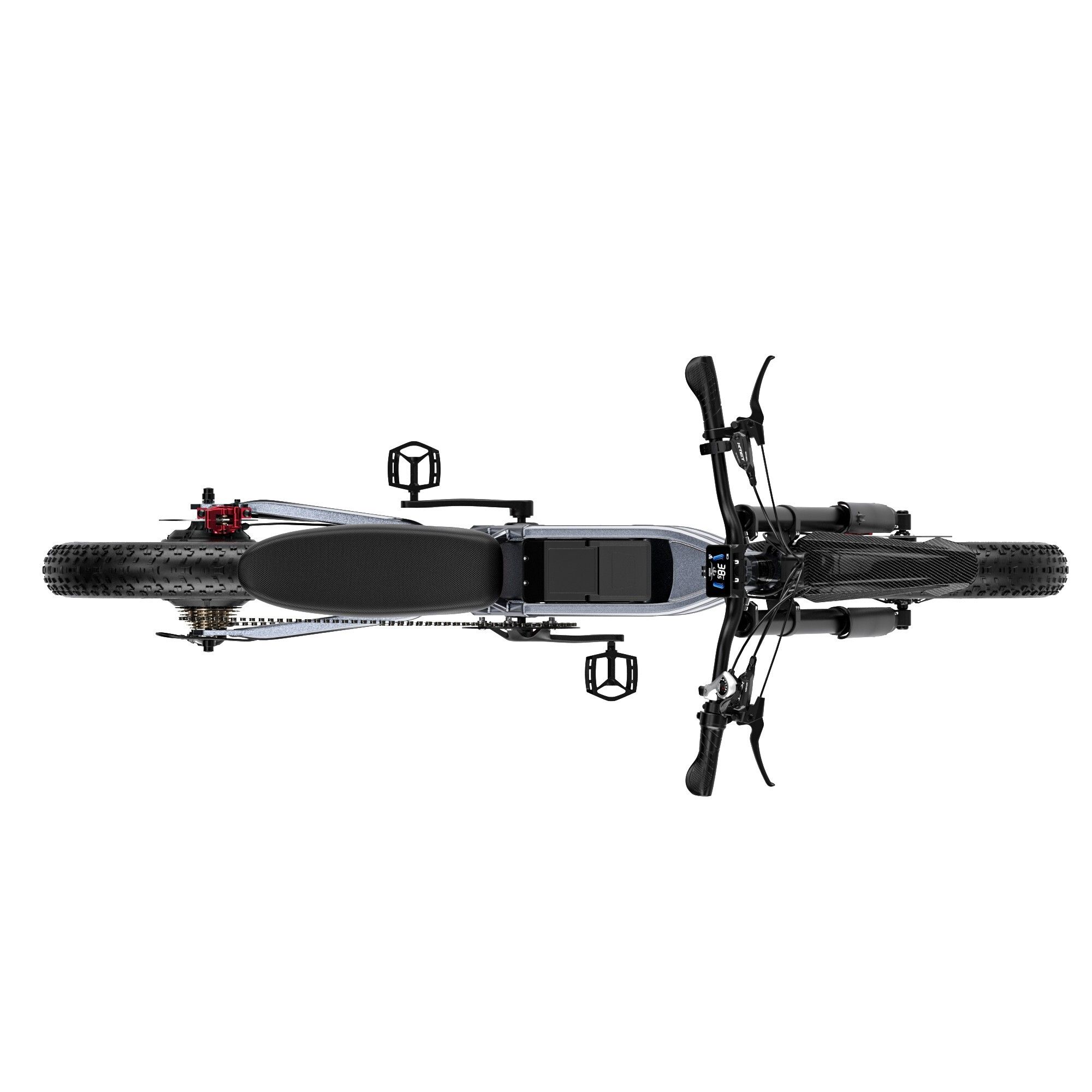 Vista dall'alto di una e-MTB nera. Manubrio, sella, pedali visibili. Su sfondo bianco.