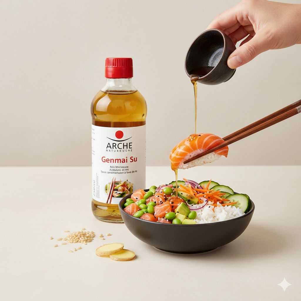 La salsa di condimento Arche Genmai Su viene versata su sushi e poke bowl.