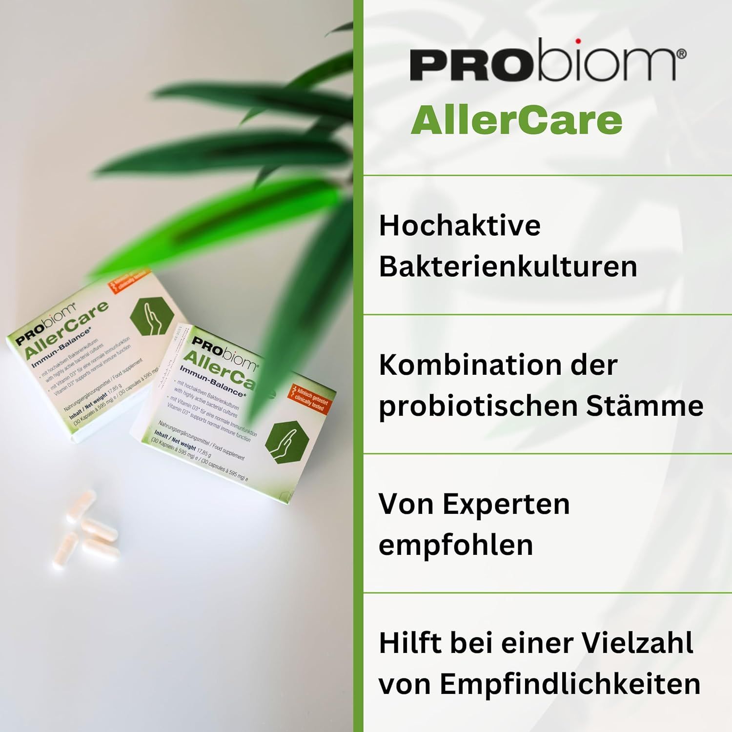 Due scatole di Probiom AllerCare. Testo: Colture batteriche ad alta attività, combinazione di ceppi probiotici, raccomandato dagli esperti.