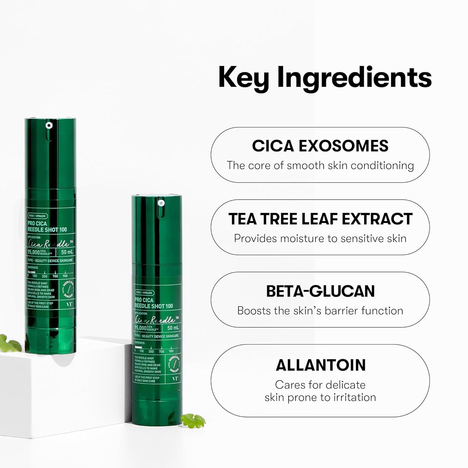 Due flaconi verdi. Testo: Pro Cica Reedle Shot. Key Ingredients: Cica Exosomes, Tea Tree Leaf Extract, Beta-Glucan, Allantoin.