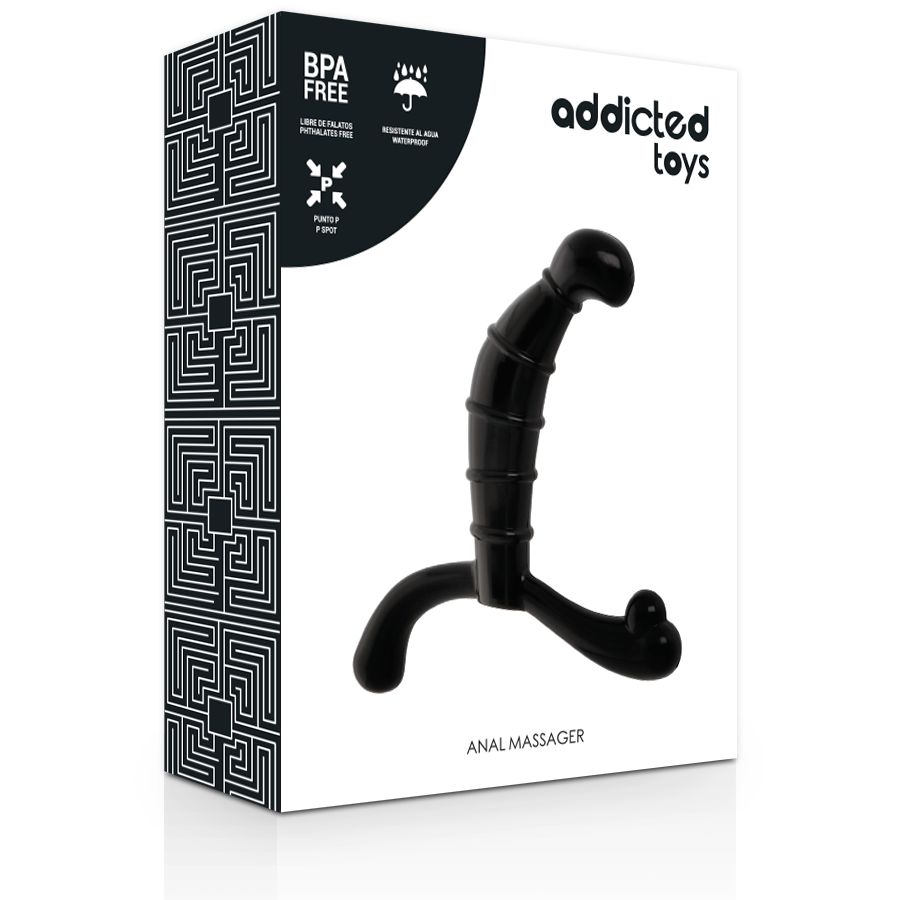 Confezione nera con immagine del prodotto. Testo: Addicted Toys, Anal Massager. Senza BPA.